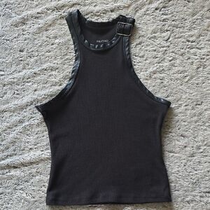 PILCRO Black Ribbed Tank with Faux-Leather Trim. Size Small
